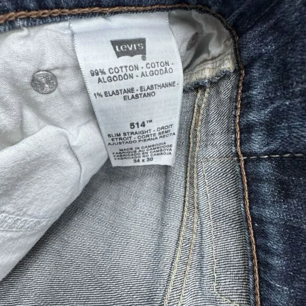 Levi's 514 Jeans Mens 34x30 Slim Straight Denim Medium‎ Wash Blue Actual